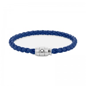 Montblanc Steel 3 Ring Closing Blue Leather Bracelet MB130899