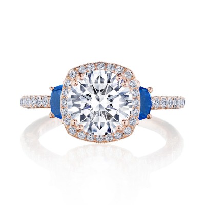 269217CUBS Cushion 3-Stone Engagement Ring with Blue Sapphire