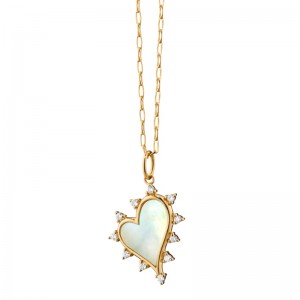 CH-41684-White Mother Of Pearl & Diamond Heart Pendant In 18 Karat Yellow Gold