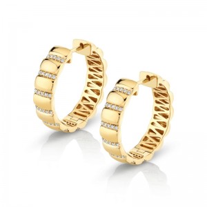 ER529 Orb Ribbed Hoop In 14 Karat Yellow Gold