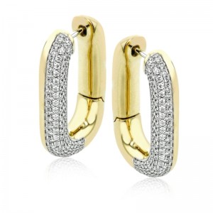 LE4640 Medium Hoop Earrings In 18 Karat Yellow Gold With Round Diamonds