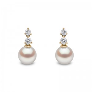 QYE2401-6X London Pearl & Diamond Drop Earrings In 18 Karat Yellow Gold With 2 Akoya Pearls