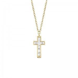 SC55007315 Diamond Baguette Cross Pendant In 14 Karat Yellow Gold With Baguette Cut Diamonds & 18" Chain
