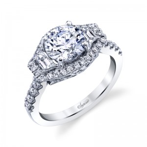 18K White Gold Three-Stone Halo Engagement Ring