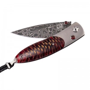 Red Storm Is Inlaid With Blue Spruce Pine Cone And Forged With Damascus Steel Thumb Stud Set With Garnets Model #b05 Red Storm