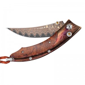 Persian â€˜utah Sunsetâ€™ Features A Beautiful Frame In Hand-forged And Heat-colored â€˜x-outâ€™ Damascus By Chad Nichols, Inlaid With Desert Ironwood. The Blade Is Our Signature â€˜copper Waveâ€™ Damascus With A Vg-5 Core. The One-hand Button Lock And Th
