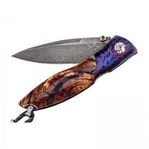 William Henry Blue Dawn Knife With Hand Forged Damascus Steel, Inlaid With Ring-cut Of 10,000 Year Old Woolly Mammoth Tusk, Inset With Smoky Quartz Gemstone.  Model #c19-blue Dawn Serial # 2219-0184 09/50