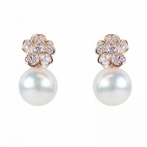 8 mm Akoya Cultured Pearl and Diamond Flower Earrings