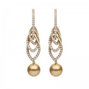 18kt Yellow Gold Drop Earrings With 2=10mm Gold South Sea Pearls A+ And 156=1.94twt Round Diamonds