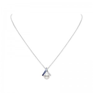 Mikimoto Ocean Collection Pearl Pendant In 18 Karat White Gold With 1 Akoya Pearl A+ 8mm, & 4 Round Cut Diamonds =0.12tcw &10 Princess Cut Sapphires =0.48tcw, On 18", 18 Karat White Gold Cable Link Chain. Model # Mpa-10397azxw