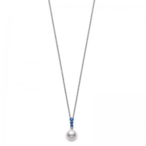 8 mm Akoya Cultured Single Pearl and Sapphire Necklace PPA403SW