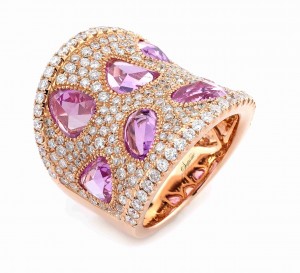 18 Karat Rose Gold Fashion Ring With 7 Pink Sapphires 5.18ctw And 201 Round Diamonds 2.11ctw