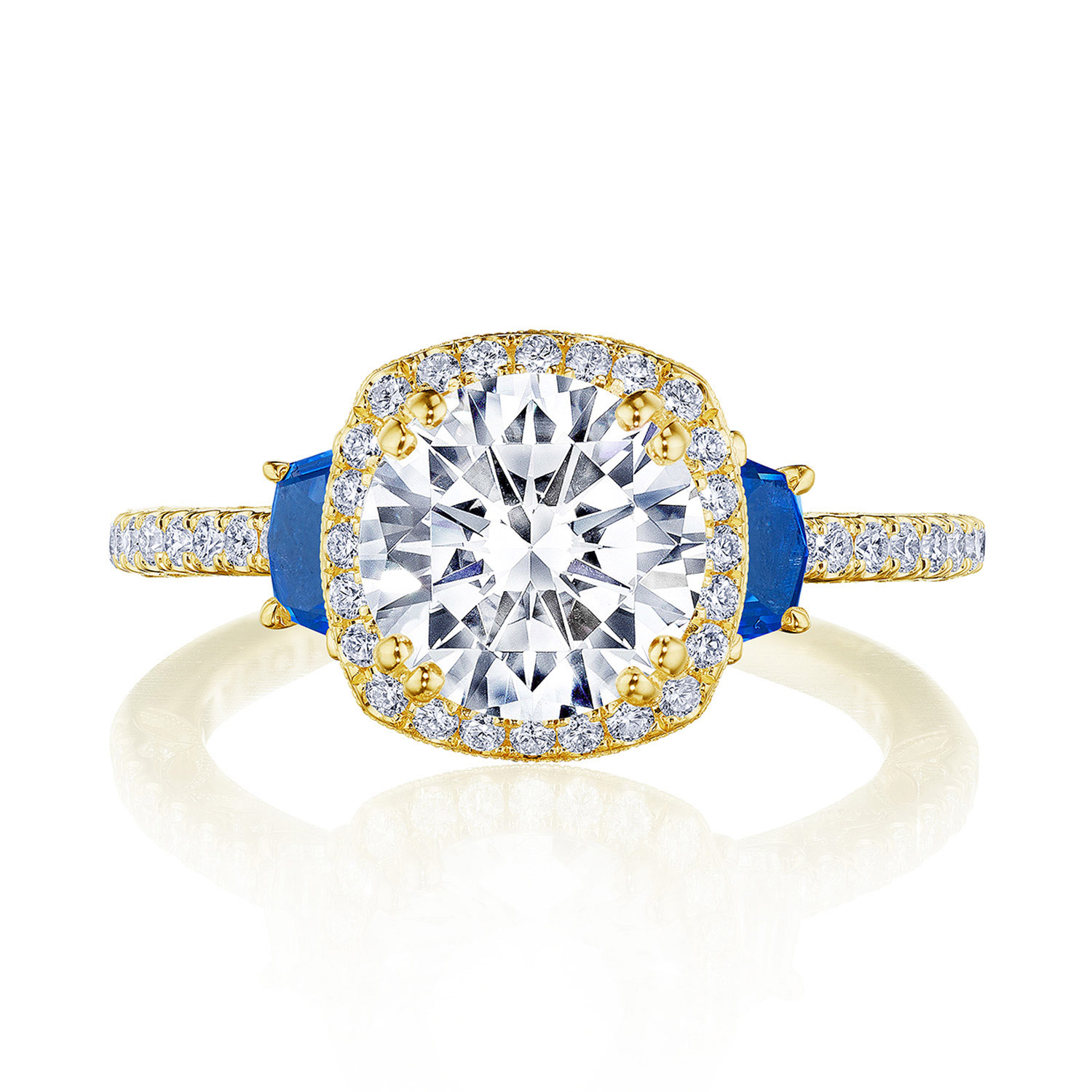 269217CUBS Cushion 3-Stone Engagement Ring with Blue Sapphire