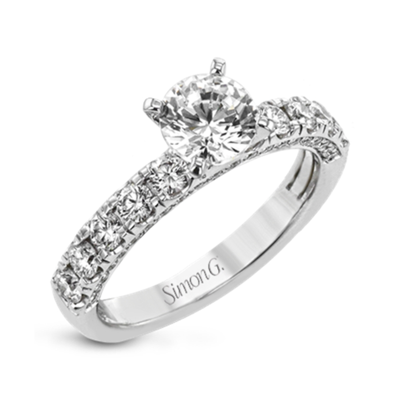 18 Karat White Gold Diamond Semi Mount Engagement Ring With 50 Round Brilliant Cut Diamonds 0.71 Carat Total Weight Vs2 Clarity G Color. Shown With A 0.84ct Round Cz