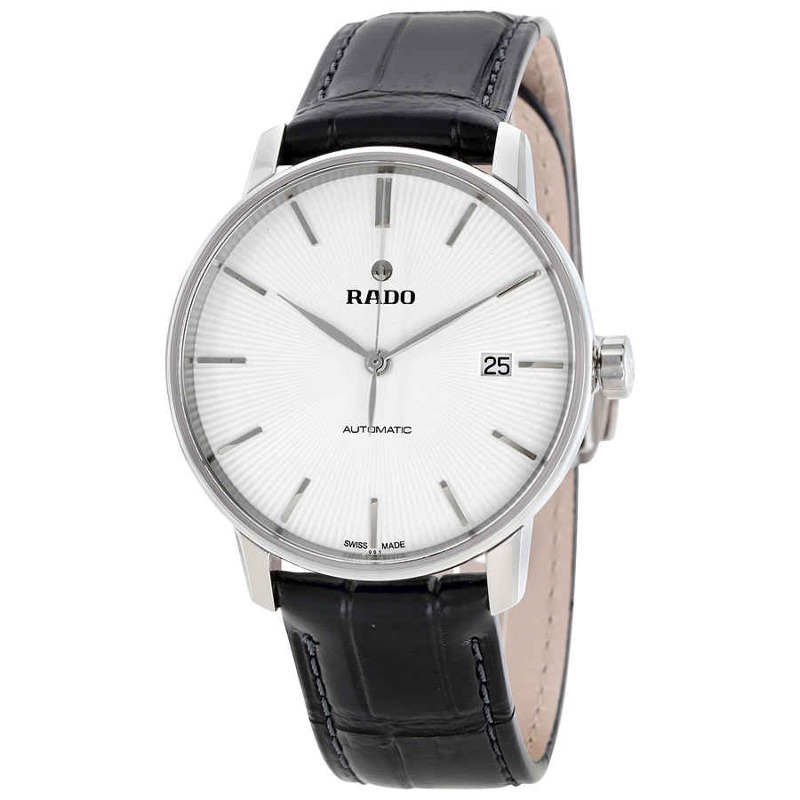 Gent's Stainless Steel Rado Watch With A White Dial And Black Leather Strap