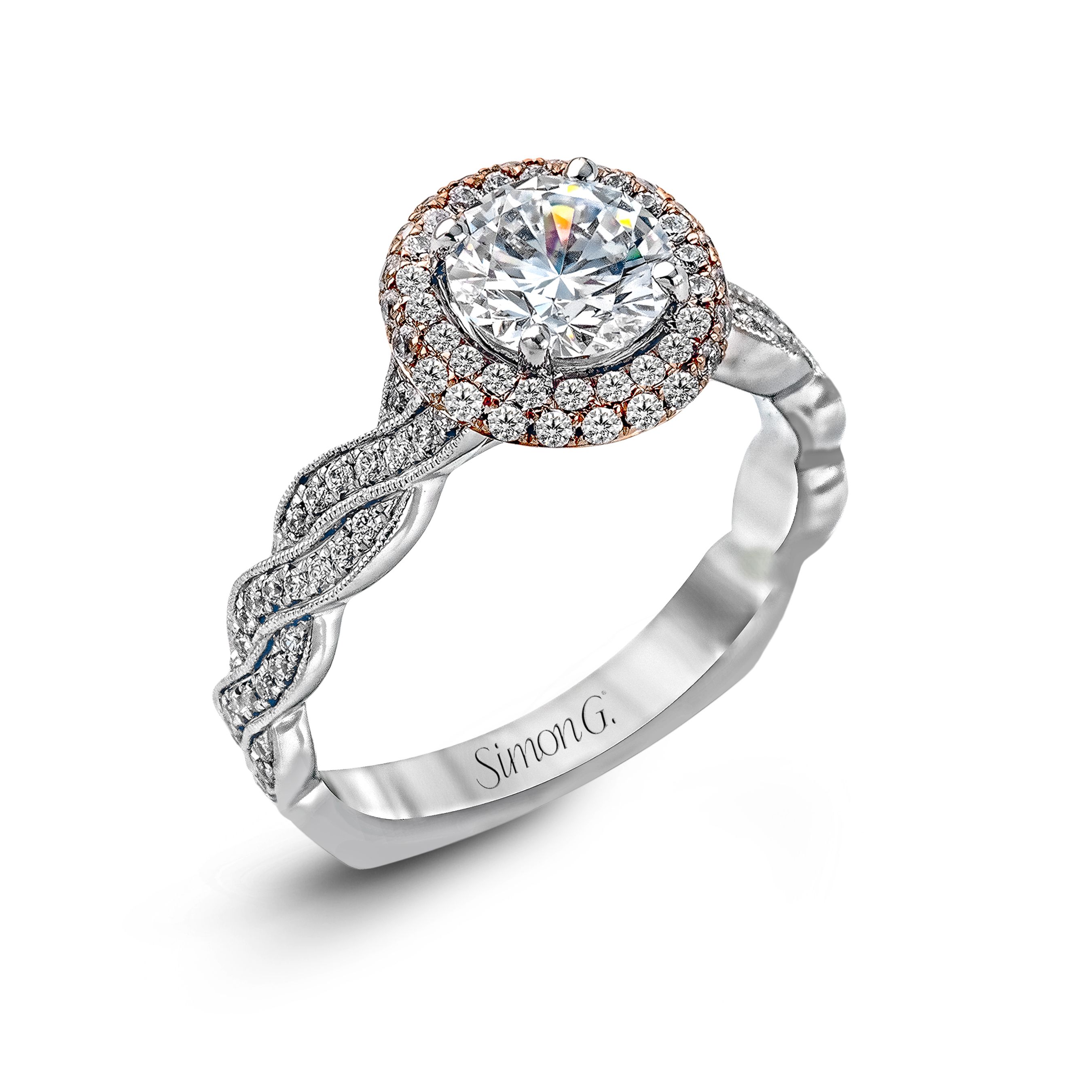simon-g-mr2133-platinum-and-rose-gold-infinity-shank-halo-engagement-ring