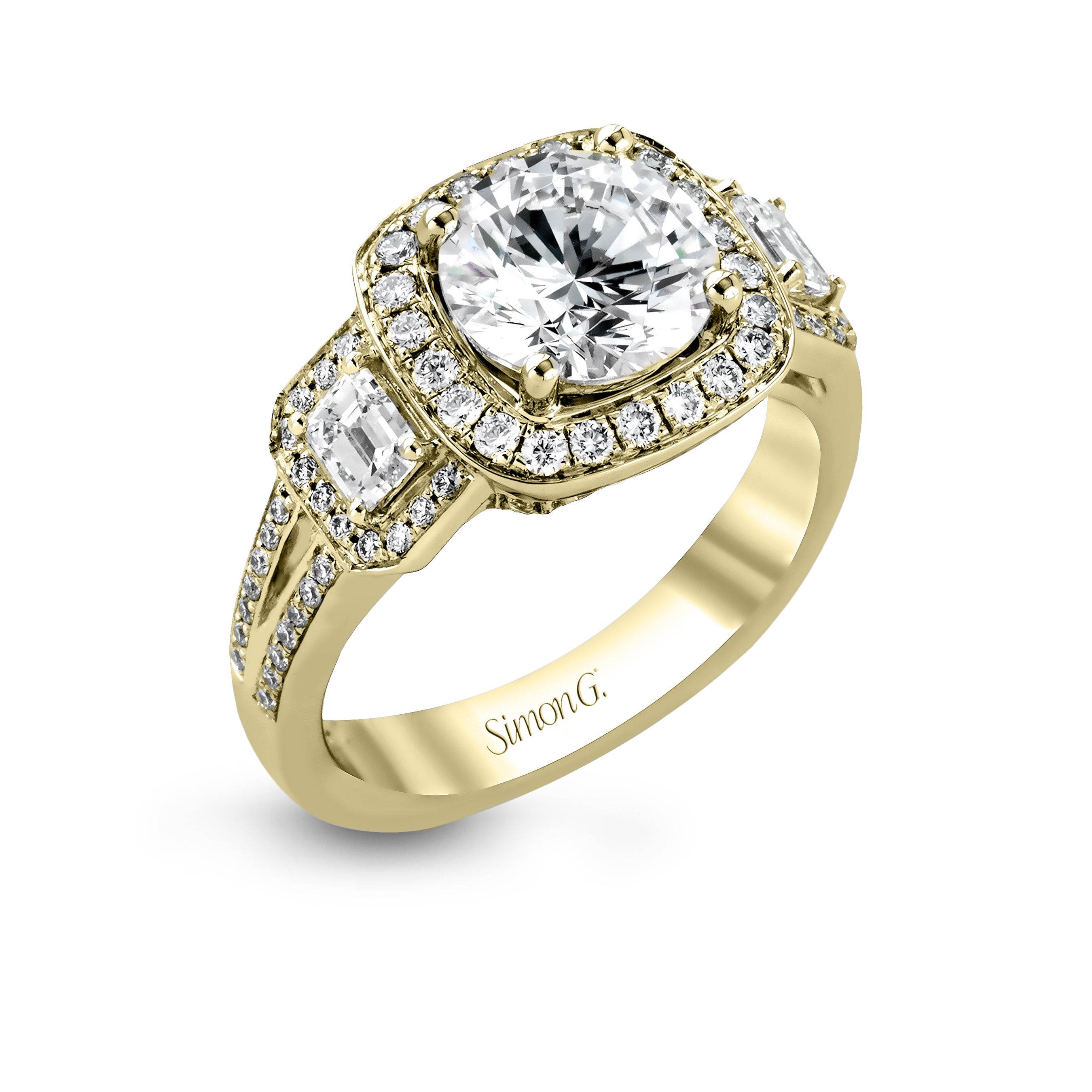 simon-g-tr484-yellow-gold-three-stone-halo-engagement-ring